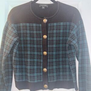 Ann Taylor Black and Teal Plaid Cardigan
